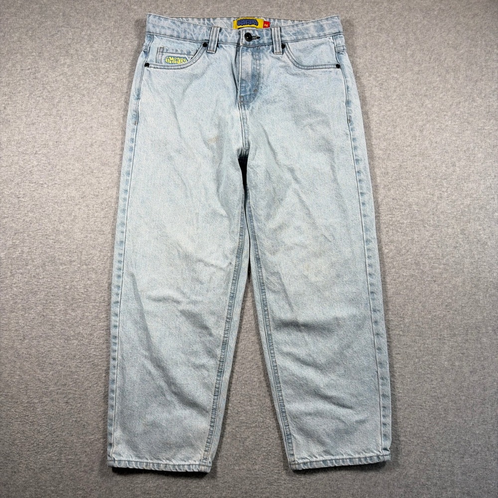 Empyre Jeans Men 26 Light Wash Blue Denim Loose Fit Skate Embroidered Drawstring